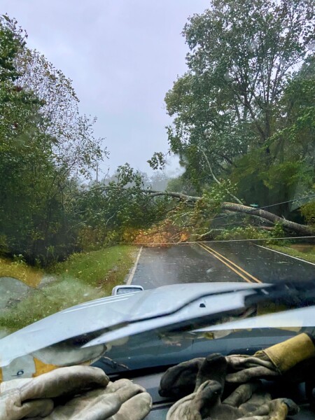 Line crews are cutting their way through fallen trees across Blue Ridge Energy’s service area to reach damaged outage locations. 